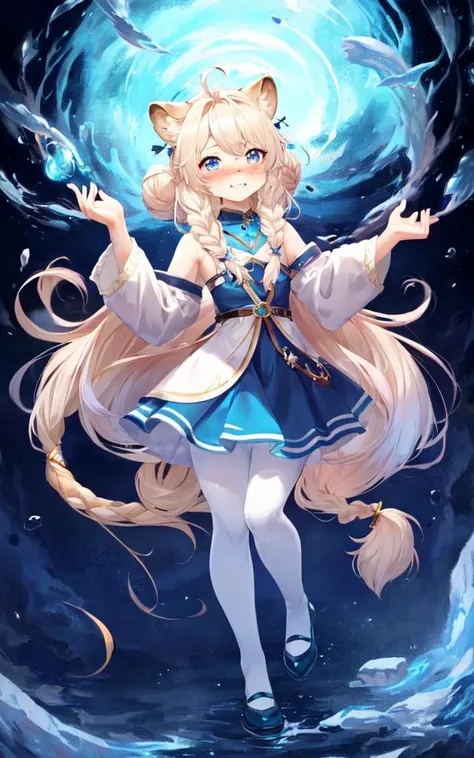 lion mane, lion ears, lion tail, lion legs fluffy:2 furry beastman, fullbody , looking at another, own hands together, light blue blouse silver rolled skirt pantyhose dress shoes, +++ extremely quality extremely detailed illustration high resolution, contrapposto glow shine like opal <lora:_hipoly3DModelLora_v20:0.3:NF> hiqcgbody ++ Faint lips,UC:realistic cute anime face cinematic angle Girl at the front dynamic pose, kawaii petit child childish 1girl 8years old, star-shaped pupils small_star symbol in the pupils and iris, ((skindantation)) ((flat chest)) +++, +++
blond eyes,
- sky blue hair,
medium hair ,
braided bun,
streaked hair ,
asymmetrical bangs,
sideburns ,
clenched teeth,
nose blush ,
+++
