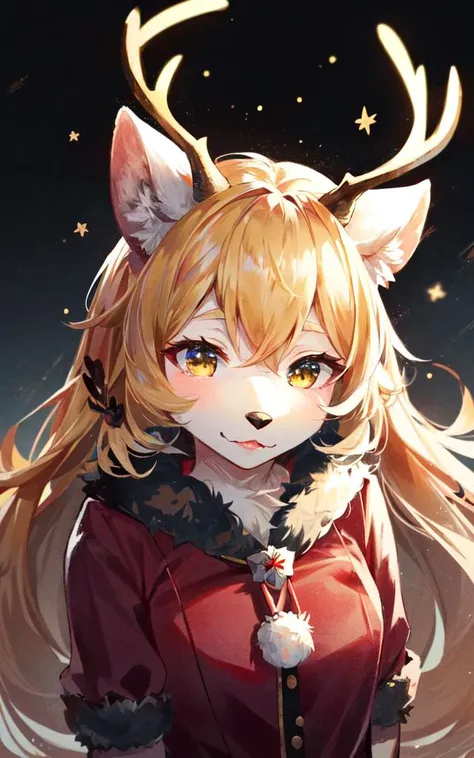 reindeer horns, reindeer ears, reindeer tail, reindeer legs fluffy:2 furry beastman, best quality, high detailed, Faint lips,UC:realistic, cinematic lighting kawaii cute 1girl yellow hair coral eyes, seductive wavy mouth school_Uniform upperbody dynamic pose