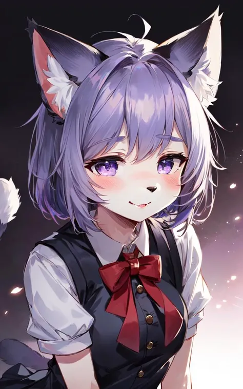 cat ears, cat tail, cat legs fluffy:2 furry beastman, best quality, high detailed, Faint lips,UC:realistic, cinematic lighting kawaii cute 1girl purple hair gray eyes, seductive embarrassed nose blush smile school_Uniform upperbody dynamic pose