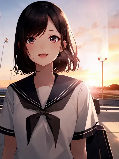 best quality, high detailed, Faint lips,UC:realistic, cinematic lighting petite 1girl black hair vermilion eyes, seductive happy school_Uniform, upper body , Airport bokeh, depth of field, warm light sunset, rays light sparkles lens flare deep shadows, depth of field peerless scenery sentimental