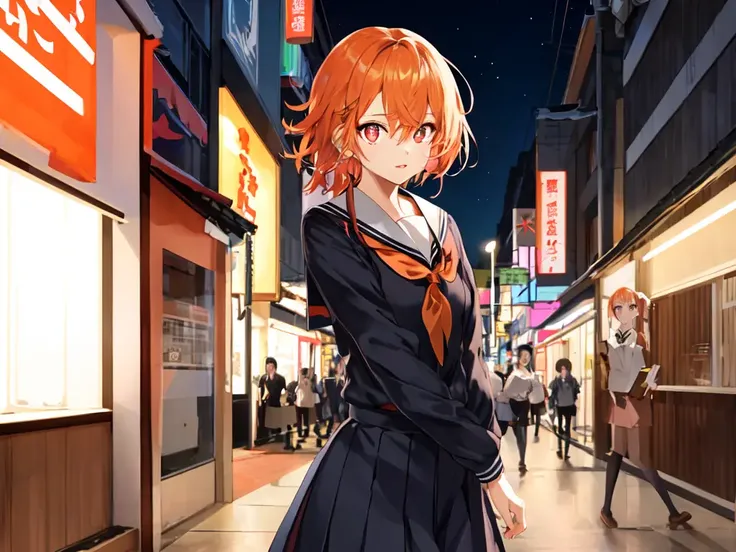 best quality, high detailed, Faint lips,UC:realistic, cinematic lighting petite 1girl orange hair multicolored eyes, seductive pupils sparkling school_Uniform,  full body , Doutonbori deep shadows, depth of field half moon, night