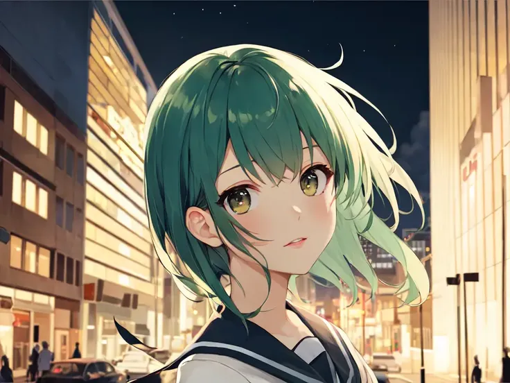 best quality, high detailed, Faint lips,UC:realistic, cinematic lighting petite 1girl green hair brown eyes, seductive :> school_Uniform, portrait , City cars Headlights Tail lamps Traffic jam Bill deep shadows, depth of field half moon, night