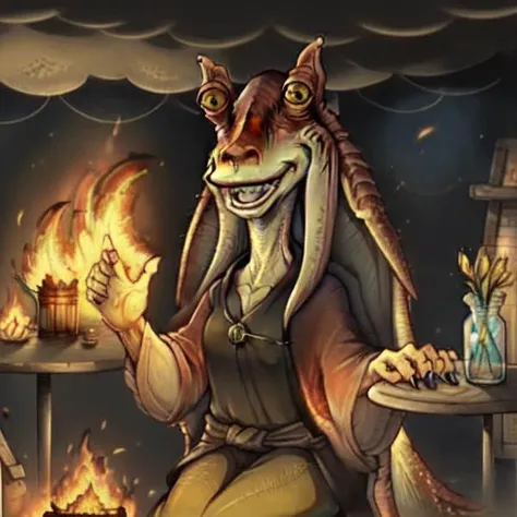 (jar jar binks), Beautiful Art Style, 1girl, sitting in chair, fire, flames, in glass jar, thisisfine, field of wheat, disco costume, esthetical, <lora:jarJarBinksGunganStar_v3:0.6> <lora:lottalewdsThisisfine_v2:0.7> <lora:FirevfxCreateMore_v2:0.3> <lora:glowingArt_v10:0.7>