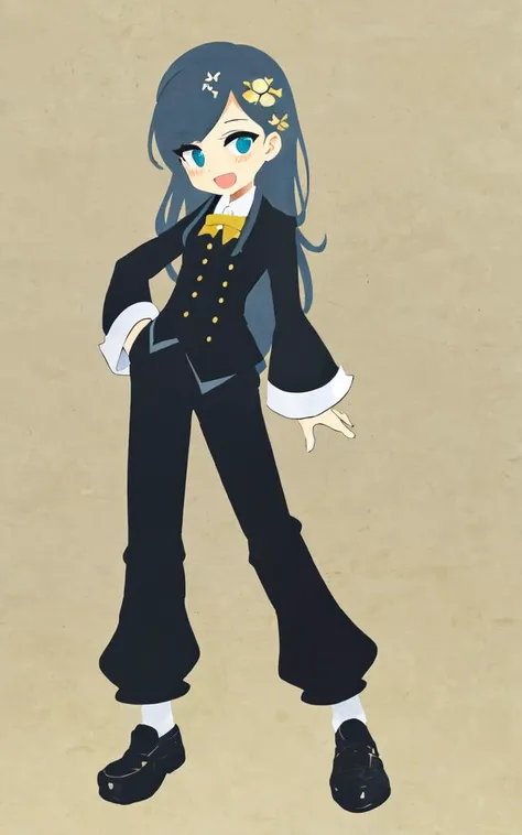 kawaii 1lady 25yo eyeliner skindantation (a mole under the mouth) medium breasts  +++, ((watercolor (medium))) watercolorpaper, +++ best quality, high detailed, anime coloring illustration game cg contrapposto <lora:_flat2:0.6:ALL> ++ Faint lips,UC:realistic cute anime face cinematic angle Girl at the front single focus dynamic pose, +++ 
red eyes, 
clear black hair, 
medium hair , 
top not, 
wavy hair , 
hair_pulled_back, 
sideburns , 
:D, 
nose blush , 
head_tilt standing  
+++, beautiful detailed eyes intricate:1.3 ((Gothic)) ((Frilled)), (((hair ornament))), [hair flower], eyeliner skindantation black fishnet_pantyhose , garter straps, Lace, cross-laced footwear, frilled blouse ribbon-trimmed sleeves lower eyelashes eyelashes ( long  pants:1.4)