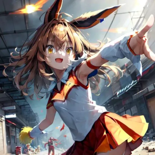 shaymin,<lora:furryEeveelutionLora_v2:0.8>, Beautiful Art Style, 1girl, young woman, looking at viewer, flashy, slums, outstretched arms, zombie cheerleader costume, flareon,<lora:furryEeveelutionLora_v2:0.8>,  crazy face, crazy eyes, crazy smile, shocked, horrified, scared, small pupils, constricted pupils,  <lora:crazyExpressions_crazyExpressions:0.8>