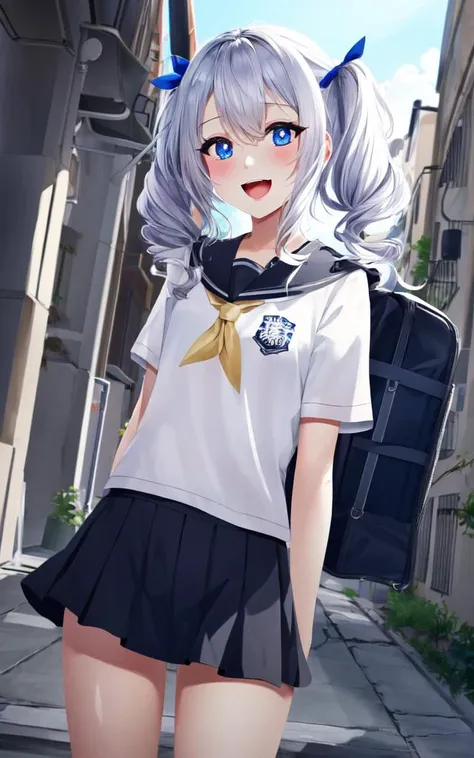 kawaii petit child childish innocent ankle-biter 1girl ***, star-shaped pupils small_star symbol in the pupils and iris, ((skindantation)) ((flat chest)) +++, school uniform, black  high socks, school bag, +++ 
sky blue eyes, 
transparency silver hair, 
short hair , 
afro twin tail, 
wavy hair , 
hair over one eye, 
sideburns , 
:D, 
, 
head_tilt standing  
+++, +++ extremely quality extremely detailed deep-silky-healthy-lackwarm-foundational-soft-skin high resolution, contrapposto glow shine like opal magnificent photo realistic ray trace depth of field <lora:_flat2:-0.5:OUTDD> <lora:_hipoly3DModelLora_v20:0.3:NF> hiqcgbody ++ Faint lips,UC:realistic, cinematic lighting cinematic angle Girl at the front dynamic pose