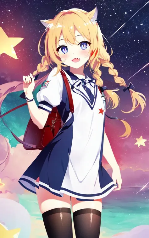 kawaii petit child childish innocent ankle-biter 1girl 8yo, star-shaped pupils small_star symbol in the pupils and iris, ((skindantation)) ((flat chest)) +++, school uniform, black thighhighs, school bag, +++
yellow eyes,
dark starry print hair,
medium hair ,
short twin braid,
streaked hair ,
bangs,
sideburns ,
smile fang,
blush ,
head_tilt standing
+++, +++ extremely quality, high detailed, anime coloring illustration game cg contrapposto <lora:_flat2:0.4:OUTDD> ++ Faint lips,UC:realistic cute anime face cinematic angle Girl at the front single focus dynamic pose