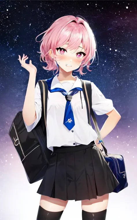 kawaii petit child childish innocent ankle-biter 1girl 8yo, star-shaped pupils small_star symbol in the pupils and iris, ((skindantation)) ((flat chest)) +++, school uniform, brown thighhighs, school bag, +++
pink eyes,
- sky blue hair,
short hair ,
side braid,
streaked hair ,
diagonal bangs,
hair flaps ,
clenched teeth,
nose blush ,
+++, +++ extremely quality extremely detailed deep-silky-healthy-lackwarm-foundational-soft-skin, anime coloring illustration high resolution, contrapposto glow shine like opal, <lora:_flat2:-0.3:OUTDD> <lora:_hipoly3DModelLora_v20:0.3:NF> hiqcgbody ++ Faint lips,UC:realistic cute anime face cinematic angle Girl at the front dynamic pose