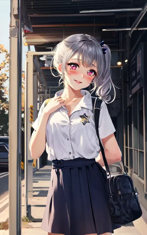 kawaii petit child childish innocent ankle-biter 1girl 8yo, star-shaped pupils small_star symbol in the pupils and iris, ((skindantation)) ((flat chest)) +++, school uniform, navy loose socks, school bag, +++
pink eyes,
dark silver hair,
short hair ,
side ponytail,
drill hair ,
asymmetrical bangs,
hair flaps ,
naughty smile,
embarrassed ,
head_tilt standing
+++, +++ extremely quality extremely detailed deep-silky-healthy-lackwarm-foundational-soft-skin high resolution, contrapposto glow shine like opal magnificent photo realistic ray trace depth of field <lora:_flat2:-0.5:OUTDD> <lora:_hipoly3DModelLora_v20:0.3:NF> hiqcgbody ++ Faint lips,UC:realistic, cinematic lighting cinematic angle Girl at the front dynamic pose