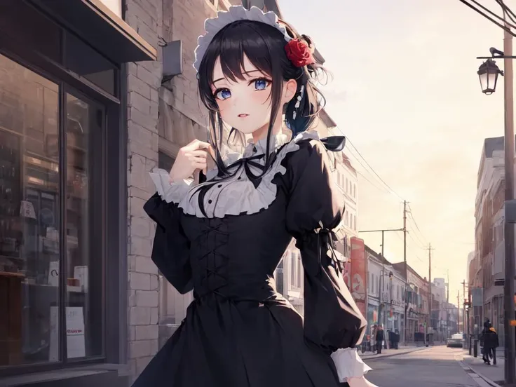 Gothic Lolita Frilled Headdress, bowknot, hair ornament, hair flower, black fishnet_pantyhose, garter straps, Lace, cross-laced footwear, frilled blouse ribbon-trimmed sleeves, 1girl black hair black eyes sunlight, best quality, high detailed, Faint lips,UC:realistic, cute anime face, cinematic lighting, best quality, high detailed, Faint lips,UC:realistic, cinematic lighting kawaii cute 1girl 16yo blue hair red eyes, whiskers school_Uniform fishnet tights loafer upperbody dynamic pose