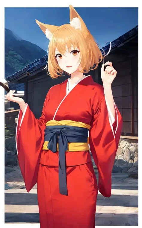 skindantation cute fox ears and tail girl 18years old fang happy glistening skin eyeliner medium breasts (gold eyes) shiny hair messy hair ((eyes visible through hair)) +++ (japanese vermilion mikofuku kimono hakama zouri) thigh_gap, washitsu, tatami, syouji, kakejiku, warmlight, +++ extremely quality, high detailed, anime coloring illustration game cg contrapposto <lora:_flat2:0.4:OUTDD> ++ Faint lips,UC:realistic cute anime face cinematic angle Girl at the front single focus dynamic pose