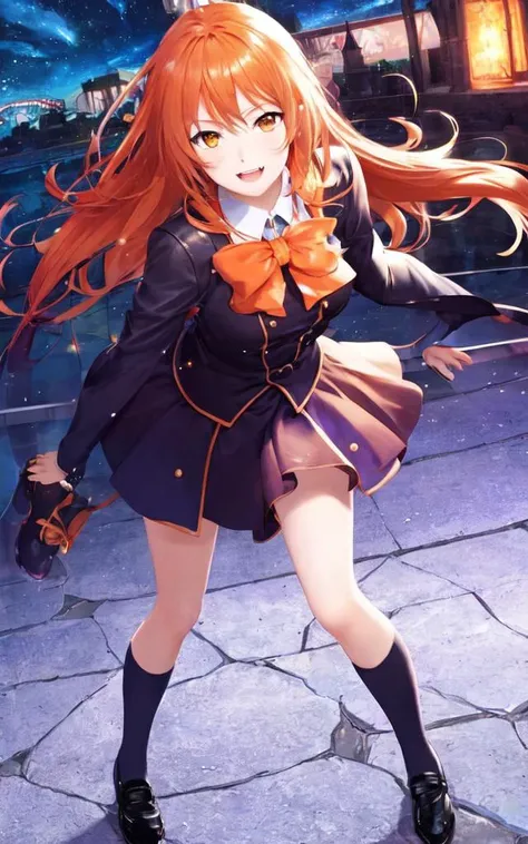 kawaii cute 1girl 16yo orange hair amber eyes, smile fang school_Uniform high socks leather shoes upperbody dynamic pose, +++ extremely quality, high detailed, anime coloring illustration game cg contrapposto <lora:_flat2:0.4:OUTDD> ++ Faint lips,UC:realistic cute anime face cinematic angle Girl at the front single focus dynamic pose