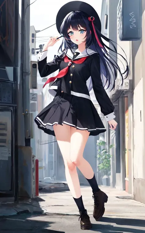 best quality, high detailed, Faint lips,UC:realistic, cinematic lighting kawaii cute 1girl 16yo multicolored hair coral eyes, :> school_Uniform loose socks ankle boots Fullbody dynamic pose