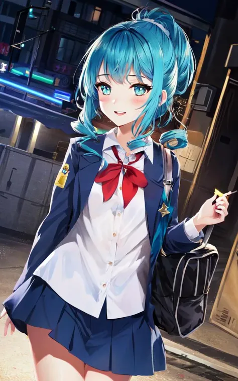 kawaii petit child childish innocent ankle-biter 1girl 8yo, star-shaped pupils small_star symbol in the pupils and iris, ((skindantation)) ((flat chest)) +++, school uniform, white  ankle socks, school bag, +++ 
green eyes, 
vivid blue hair, 
very long hair , 
bowl cut hair, 
drill hair , 
crossed bangs, 
sideburns , 
evil smile, 
, 
+++, +++ extremely quality extremely detailed deep-silky-healthy-lackwarm-foundational-soft-skin high resolution, contrapposto glow shine like opal magnificent photo realistic ray trace depth of field <lora:_flat2:-0.5:OUTDD> <lora:_hipoly3DModelLora_v20:0.3:NF> hiqcgbody ++ Faint lips,UC:realistic, cinematic lighting cinematic angle Girl at the front dynamic pose