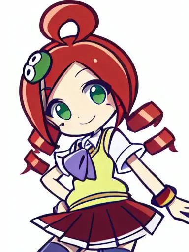 <lora:ringo:0.7> kawaii ringo petite cute 1girl, green eyes, character hair ornament, red hair, ahoge, twin drill, wristband white skirt, cleamyellow sweater vest, red skirt, purple necktie, school uniform, navyblue thighhighs, red shoes, zettai ryouiki kind smile