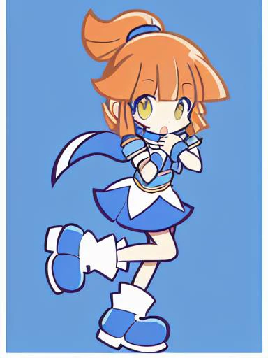 <lora:arle:0.7> arle nadja kawaii petit cute girl yellow eyes brown hair,half updo short topknot blue skirt, blue short sleeves, blue breast armor, white shirt, wrist cuffs blue capelet blue boots :> style parody