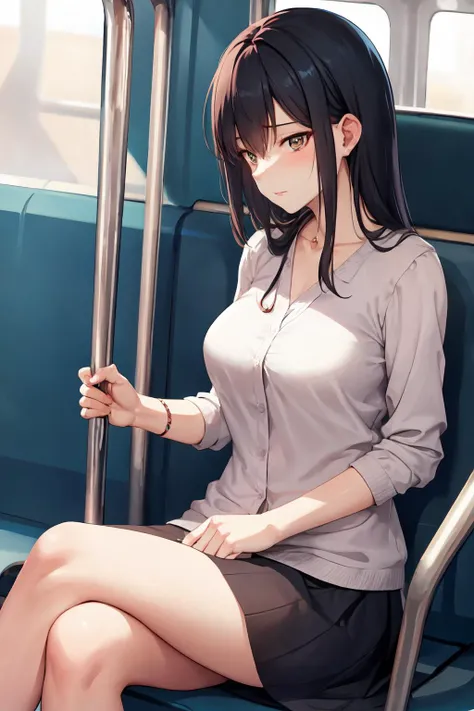 woman age 28, sitting on the bus.