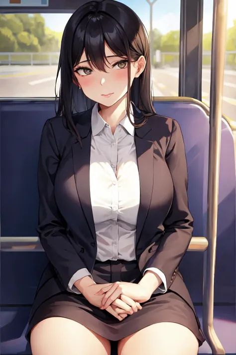 woman age 28, sitting on the bus.