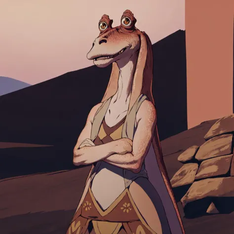 masterpiece, best quality, BNA,, jar jar binks, Beautiful Art Style, 1girl, young woman, flag dress, elite, bouncy castle, arms crossed, <lora:jarJarBinksGunganStar_v3:0.6>, <lora:bna_offset:1>