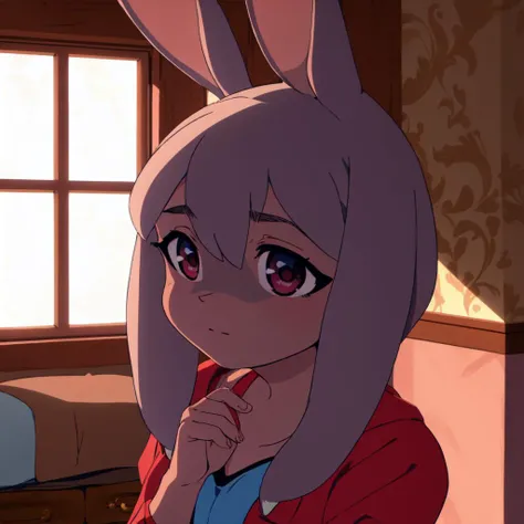 masterpiece, best quality, BNA, JudyHopps, <lora:JudyHopps_v1-000007_R-128:0.8>, Beautiful Art Style, 1girl, young woman, red sleeves, moody, bedroom, hands above her head, <lora:bna_offset:1>
