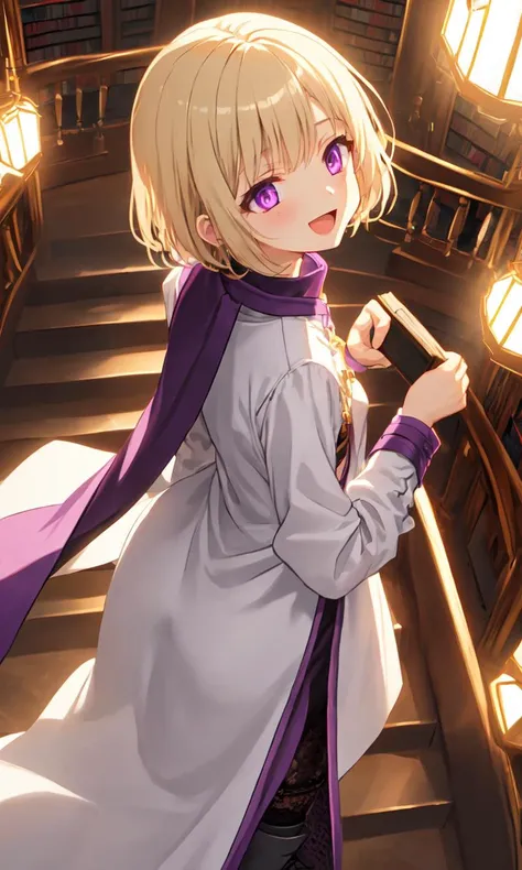 <lora:sd15-bty-mintyoc:0.8> mintyoc, 1girl, pale_blonde_hair, pink_purple_eyes, short_hair, small_breasts, +++ holding hair, head-tilt, ass focus, looking back, wide shot from above sitting, cinematic lighting, extremely quality extremely detailed, illustration, cute anime face, anime coloring, fantasy, dark gray Maxi Dress, blouse white very long coat, blond thighhighs, darkbrown lace-up long boots, charcoal collar thigh_gap, chest armor, purple tabard, Library of Knowledge, :D upper teeth disgusted eyes, Aristocratic mansion red carpet, stairwell, stairs chandelier