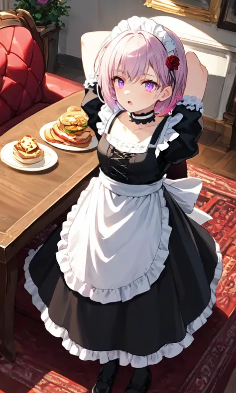 <lora:sd15-bty-mintyoc:0.8> mintyoc, 1girl, pale_blonde_hair, pink_purple_eyes, short_hair, small_breasts, +++ arms behind head, on back, look at side, looking up, High Angle, cinematic lighting, eyebrows visible through hair, choker, black maid dress, long dress, red lace trim, white maid apron, frilled apron, maid headdress, waist apron, puffy sleeves, multicolored fishnet_pantyhose , frills, garter straps, iridescence rose flower hair ornament, wavy mouth, half opened mouth, living room, sofa, Dining table, chairs, carpet, fireplace, ornamental foliage