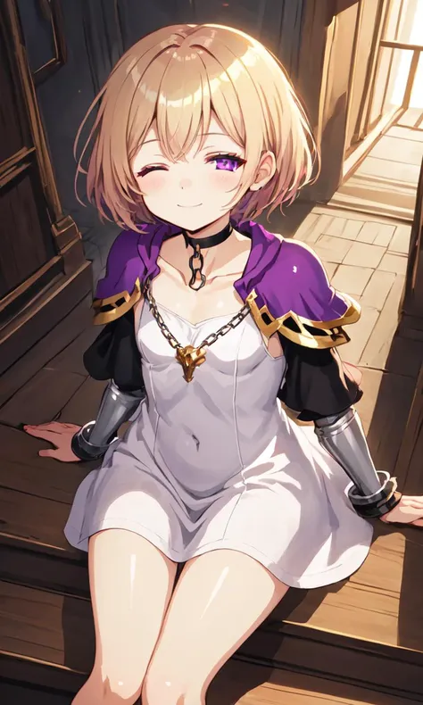 <lora:sd15-bty-mintyoc:0.8> mintyoc, 1girl, pale_blonde_hair, pink_purple_eyes, short_hair, small_breasts, +++ sitting on stairs, stairs, Overhead view, looking at viewer, cowboy shot, cinematic lighting, extremely quality extremely detailed, illustration, cute anime face, anime coloring, fantasy, white dress_shirt, hime-sode, bulb toe wooden_shoes, pink short_dress gothic, brown capelet, chain_choker, wrist_cuffs, shoulder armors, chest armor, Dragon-guarded Castle, closed eyes, smile, Aristocratic mansion red carpet, corridors Statue Vase of roses