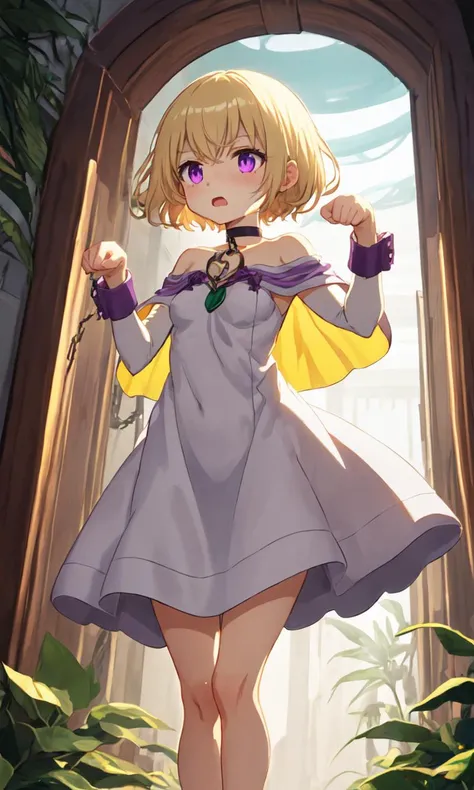 <lora:sd15-bty-mintyoc:0.8> mintyoc, 1girl, pale_blonde_hair, pink_purple_eyes, short_hair, small_breasts, +++ paw pose, ass focus, looking afar, Worm's Eye View, cinematic lighting, extremely quality extremely detailed, illustration, cute anime face, anime coloring, fantasy, white dress_shirt, hime-sode, bulb toe wooden_shoes, purple short_dress gothic, aqua capelet, chain_choker, wrist_cuffs, shoulder armors, chest armor, Tropical Rainforest, open-mouth,wavy mouth, Aristocratic mansion entrance chandelier, Portrait-on-wall
