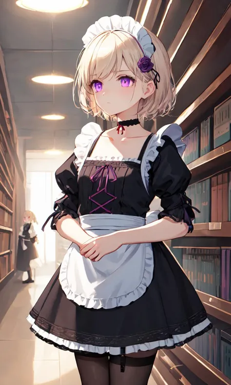 <lora:sd15-bty-mintyoc:0.8> mintyoc, 1girl, pale_blonde_hair, pink_purple_eyes, short_hair, small_breasts, +++ Placing hand on chest, from dutch, hip. eyes, look up to, portrait, cinematic lighting, eyebrows visible through hair, choker, black maid dress, long dress, red lace trim, white maid apron, frilled apron, maid headdress, waist apron, puffy sleeves, burgundy fishnet_pantyhose , frills, garter straps, black rose flower hair ornament, Gleeful, library Unique Artistic buckground, lighting melow