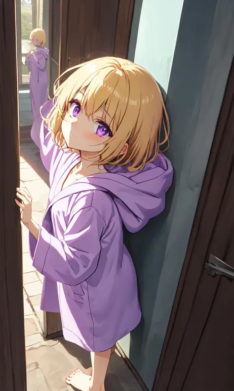 <lora:sd15-bty-mintyoc:0.8> mintyoc, 1girl, pale_blonde_hair, pink_purple_eyes, short_hair, small_breasts, +++ Placing hands behind head, from dutch, above, looking back, Overhead Shot, cinematic lighting, extremely quality extremely detailed, illustration, cute anime face, anime coloring, fantasy, blue hooded robe, amber sundress, blond bloomers , barefoot , Underground Thieves' Hideout, Delighted, Aristocratic mansion red carpet, corridors Statue Vase of roses