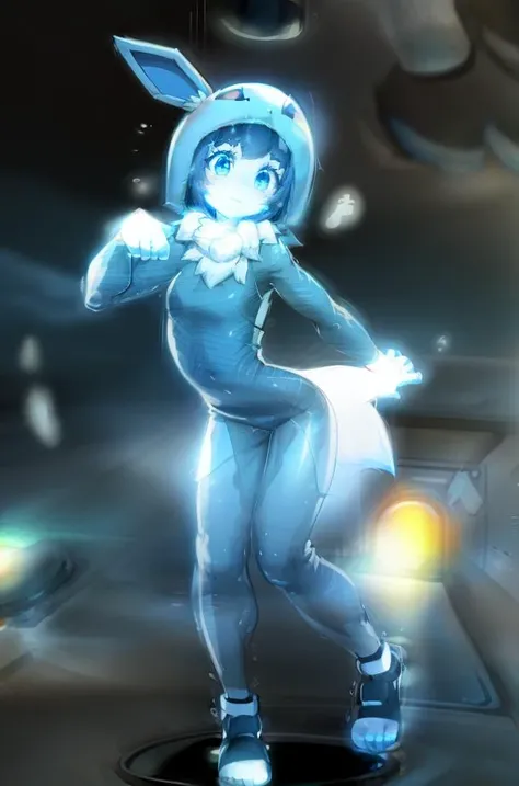 Pokekid, (onesie, hood), (leaning forward, paw pose), HologramCzar, (hologram, translucent, translucent body, chromatic aberration, glowing, blue theme, outline glow, blue monochrome, hologram projector), full body, beautiful face, detailed eyes, detailed face, (masterpiece:1.2), hires, ultra-high resolution, 8K, high quality, (sharp focus:1.2), clean, crisp, cinematic, <lora:pokemonPokekid_v20:1>,<lora:Hologram-v1:1.4>