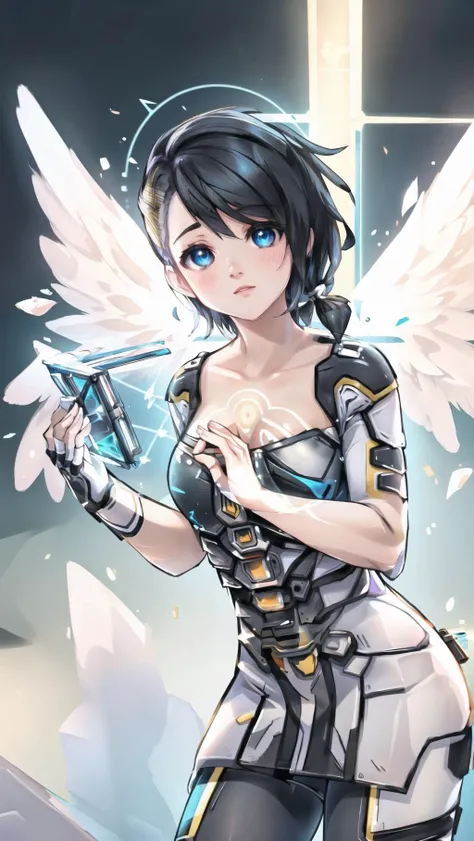 (1girl, Angel, Borderlands, angel (borderlands),), sidecut, glowing hologram blue eyes, angel wings, black hair,  <lora:angel_(borderlands):0.8> <lora:Hologram:0.5> BREAK,
AngelicAI,  <lora:AngelicAI:0.35> (GlassTech), <lora:GlassTech:0.25> BREAK, 
((flying,in air, hands folded together)),, masterpiece, best quality, hyperrealistic, extremely detailed, highly quality, 4k, sharp focus, professional photograph, sharp focus, award winning, cinematic lighting, octane render, unreal engine, volumetrics dtx, Wallpaper,