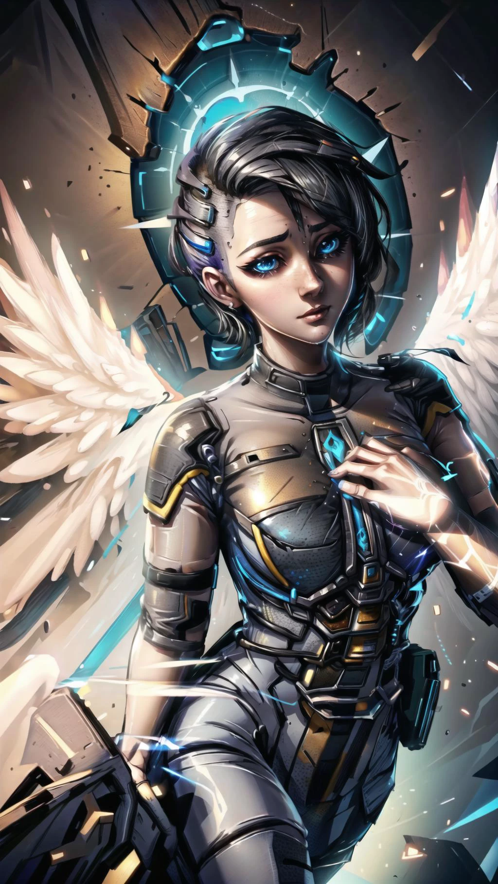 (1girl, Angel, Borderlands, angel (borderlands),), sidecut, glowing hologram blue eyes, angel wings, black hair, <lora:angel_(borderlands):0.8> <lora:Hologram:0.5> BREAK,
AngelicAI, <lora:AngelicAI:0.35> (GlassTech), <lora:GlassTech:0.25> BREAK,
((flying,in air, hands folded together)),, masterpiece, best quality, hyperrealistic, extremely detailed, highly quality, 4k, sharp focus, professional photograph, sharp focus, award winning, cinematic lighting, octane render, unreal engine, volumetrics dtx, Wallpaper,