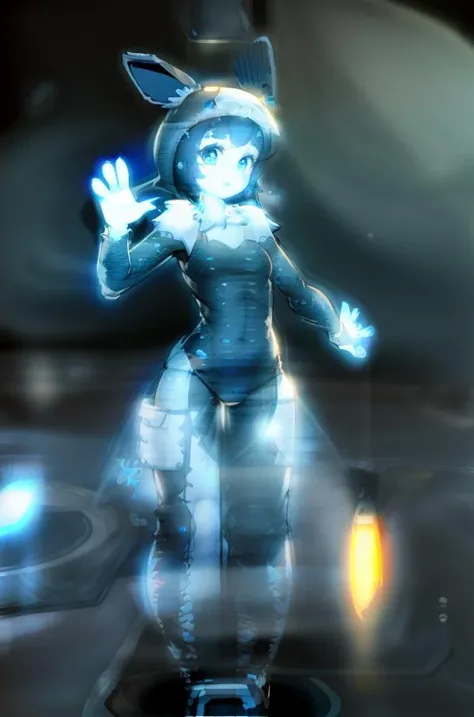 Pokekid, (onesie, hood), (waving at viewer:1.5), HologramCzar, (hologram, translucent, translucent body, chromatic aberration, glowing, blue theme, outline glow, blue monochrome, hologram projector), full body, beautiful face, detailed eyes, detailed face, (masterpiece:1.2), hires, ultra-high resolution, 8K, high quality, (sharp focus:1.2), clean, crisp, cinematic, <lora:pokemonPokekid_v20:1>,<lora:Hologram-v1:1.6>