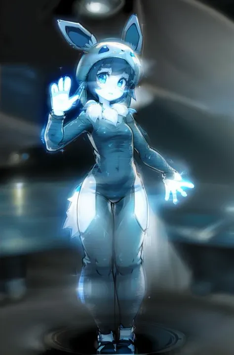 Pokekid, (onesie, hood), (waving at viewer:1.5), HologramCzar, (hologram, translucent, translucent body, chromatic aberration, glowing, blue theme, outline glow, blue monochrome, hologram projector), full body, beautiful face, detailed eyes, detailed face, (masterpiece:1.2), hires, ultra-high resolution, 8K, high quality, (sharp focus:1.2), clean, crisp, cinematic, <lora:pokemonPokekid_v20:1>,<lora:Hologram-v1:1.4>