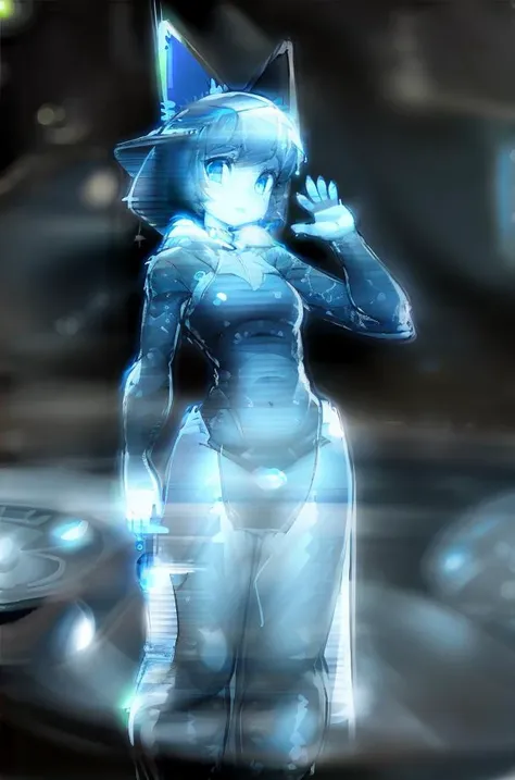 Pokekid, (onesie, hood), (waving at viewer:1.5), HologramCzar, (hologram, translucent, translucent body, chromatic aberration, glowing, blue theme, outline glow, blue monochrome, hologram projector), full body, beautiful face, detailed eyes, detailed face, (masterpiece:1.2), hires, ultra-high resolution, 8K, high quality, (sharp focus:1.2), clean, crisp, cinematic, <lora:pokemonPokekid_v20:0.7>,<lora:Hologram-v1:1.6>
