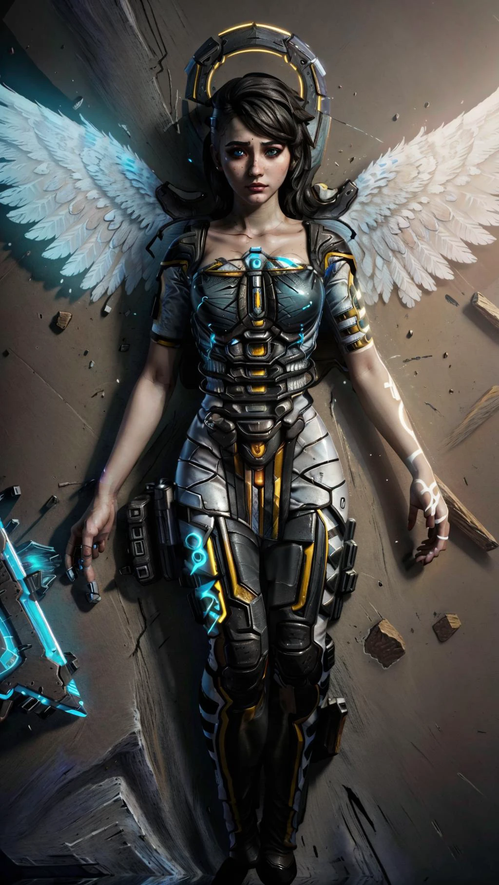 (1girl, Angel, Borderlands, angel (borderlands),), sidecut, glowing hologram blue eyes, angel wings, black hair, <lora:angel_(borderlands):0.8> <lora:Hologram:0.5> BREAK,
AngelicAI, <lora:AngelicAI:0.35> (GlassTech), <lora:GlassTech:0.25> BREAK,
((flying,in air, hands folded together)),, masterpiece, best quality, hyperrealistic, extremely detailed, highly quality, 4k, sharp focus, professional photograph, sharp focus, award winning, cinematic lighting, octane render, unreal engine, volumetrics dtx, Wallpaper,