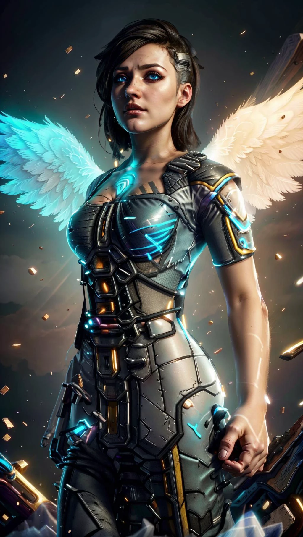 (1girl, Angel, Borderlands, angel (borderlands),), sidecut, glowing hologram blue eyes, angel wings, black hair, <lora:angel_(borderlands):0.8> <lora:Hologram:0.5> BREAK,
AngelicAI, <lora:AngelicAI:0.35> (GlassTech), <lora:GlassTech:0.25> BREAK,
((flying,in air, hands folded together)),, masterpiece, best quality, hyperrealistic, extremely detailed, highly quality, 4k, sharp focus, professional photograph, sharp focus, award winning, cinematic lighting, octane render, unreal engine, volumetrics dtx, Wallpaper,