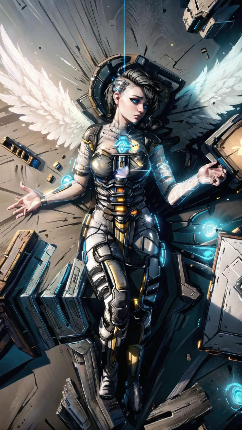 (1girl, Angel, Borderlands, angel (borderlands),), sidecut, glowing hologram blue eyes, angel wings, black hair, <lora:angel_(borderlands):0.8> <lora:Hologram:0.5> BREAK,
AngelicAI, <lora:AngelicAI:0.35> (GlassTech), <lora:GlassTech:0.25> BREAK,
((flying,in air, hands folded together)),, masterpiece, best quality, hyperrealistic, extremely detailed, highly quality, 4k, sharp focus, professional photograph, sharp focus, award winning, cinematic lighting, octane render, unreal engine, volumetrics dtx, Wallpaper,