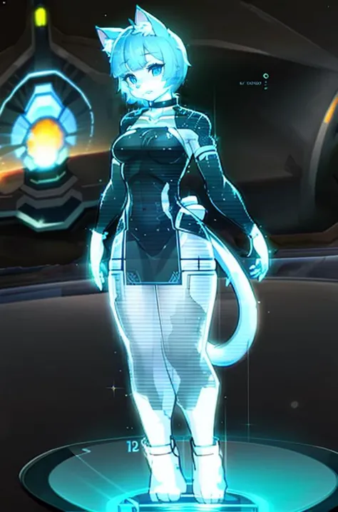 1girl, (anthro furry:1.2) feline, cat ears, bell collar, cat tail, (unique hair, unique bangs), HologramCzar, (cyberspace background, hologram projector), (hologram, translucent, translucent body, chromatic aberration, glowing, blue monochrome), full body, beautiful face, detailed eyes, detailed face, (masterpiece:1.2), hires, ultra-high resolution, 8K, high quality, (sharp focus:1.2), clean, crisp, cinematic,<lora:Hologram-v1:1.5>