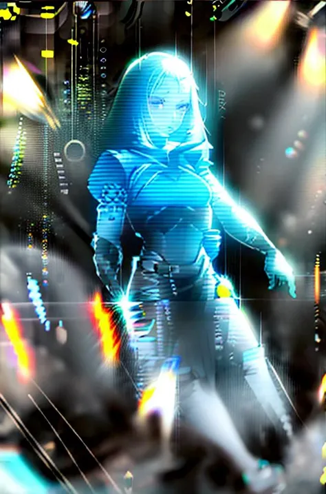 1girl, (unique hair, unique bangs), HologramCzar, (cyberspace:1.2), (hologram, translucent, translucent body, chromatic aberration, glowing), full body, beautiful face, detailed eyes, detailed face, (masterpiece:1.2), hires, ultra-high resolution, 8K, high quality, (sharp focus:1.2), clean, crisp, cinematic,<lora:Hologram-v1:1.55>