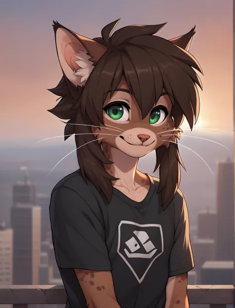 score_9, score_8_up, score_7_up, score_6_up, score_5_up, score_4_up, cityscape, outdoors, bokeh, realistic, source_furry, sunset BREAK
 <lora:twix_fluffkevlar_ponyXL_v1.3_0.99:1> twix, 1boy, solo, brown hair, medium hair, whiskers, green eyes, furry, closed mouth, black t-shirt, portrait, light smile