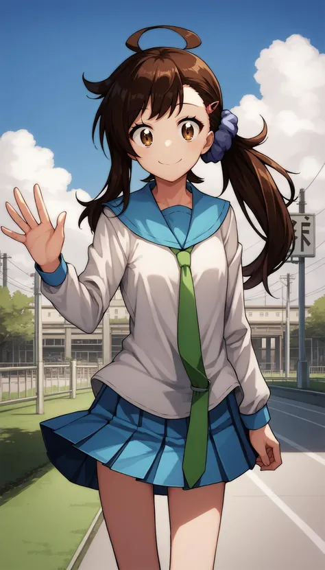 score_9, score_8_up, score_7_up, source_anime BREAK <lora:[P]Onodera Haru_v1:0.9>, deraharu, ahoge, side ponytail, hair scrunchie, hairclip, blue sailor collar, school uniform, white shirt, necktie, blue pleated skirt, city, cloudy sky, tree, park, cowboy shot, smile, waving, looking at viewer,