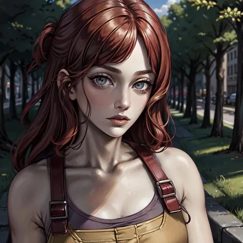masterpiece, solo, portrait , abella, 1girl, red hair, grey eyes, lips, overalls, tank top, detailed background, outdoors, <lora:abellalorav7:0.6>