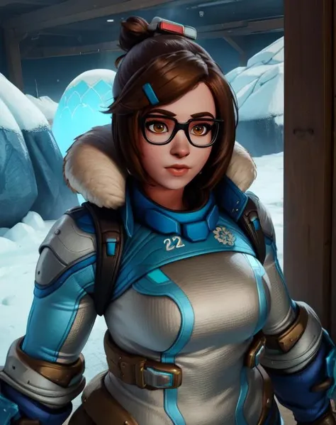 mei, brown eyes, brown hair, glasses, short hair, single hair bun, hair stick, hair clip,
glasses, fur trim, bodysuit, pelvic curtain, pants, gloves,
igloo, lab,
upper body, standing,
(insanely detailed, beautiful detailed face,beautiful detailed eyes, masterpiece, best quality),solo,
<lora:MeiOW2-10v11:0.8>
