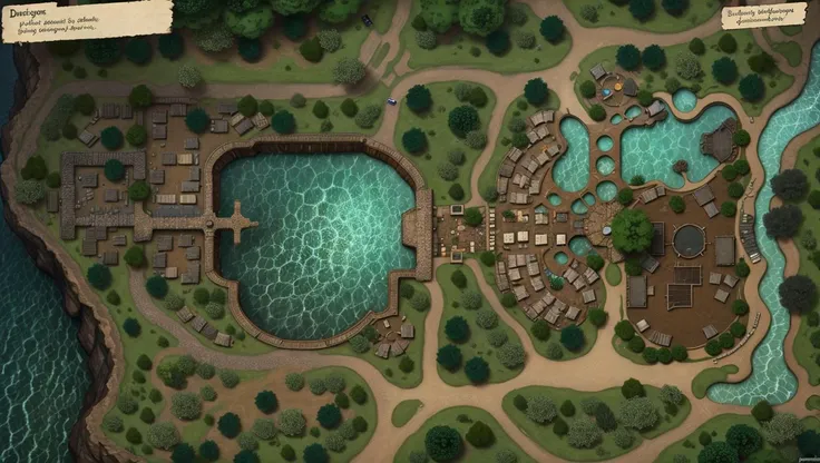 birdseye view of a dungeons and dragons map, a small pond surrounded by trees and bushes, <lora:Wild1-10:0.50>