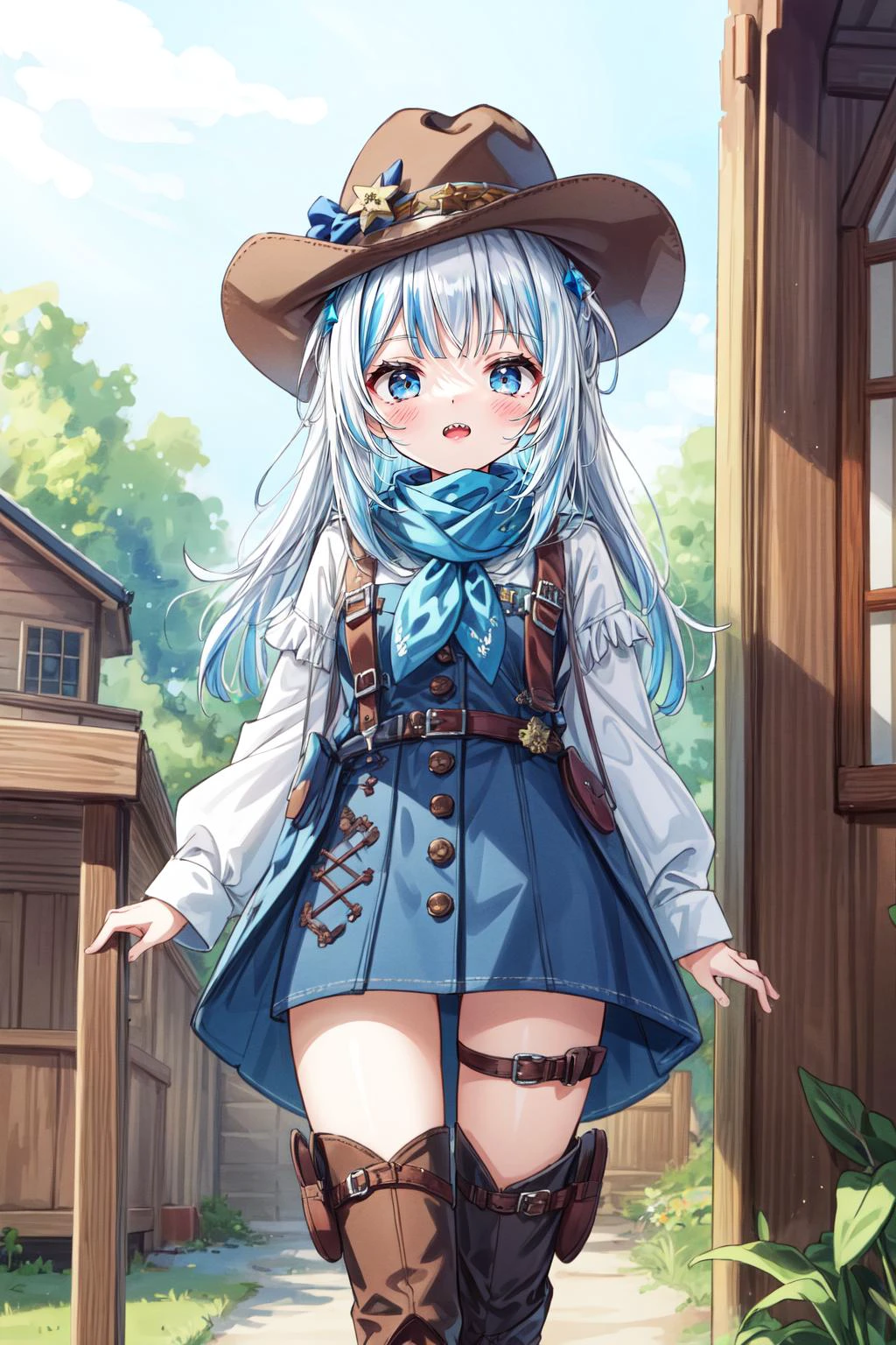 (masterpiece, best quality), intricate details,
1girl, <lora:gura:0.8> gawr gura, sharp teeth,
<lora:cowgirl_outfit_v0.1a:0.8> cowgirl outfit, cowboy hat, cowboy boots, fringe trim, sheriff badge, holster, bandana,
<lora:add_detail:0.6> <lora:more_details:0.4> <lora:Elixir:0.5>