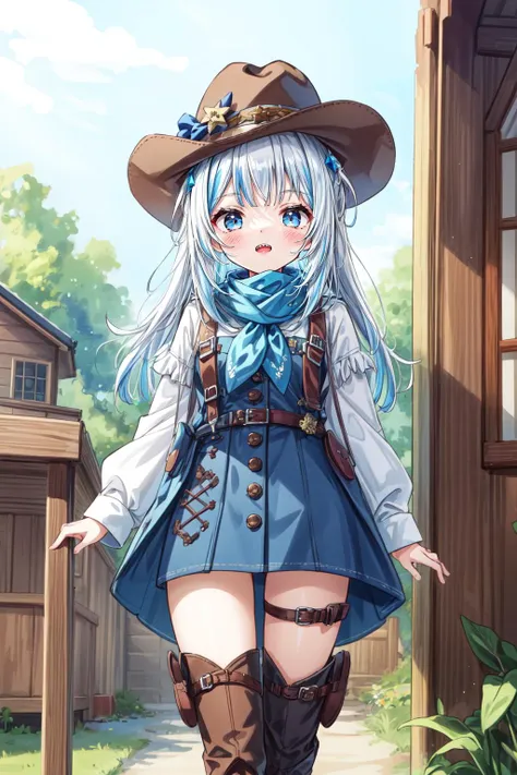 (masterpiece, best quality),  intricate details,
1girl,   <lora:gura:0.8> gawr gura, sharp teeth, 
 <lora:cowgirl_outfit_v0.1a:0.8> cowgirl outfit, cowboy hat, cowboy boots, fringe trim, sheriff badge, holster, bandana,  
<lora:add_detail:0.6> <lora:more_details:0.4> <lora:Elixir:0.5>