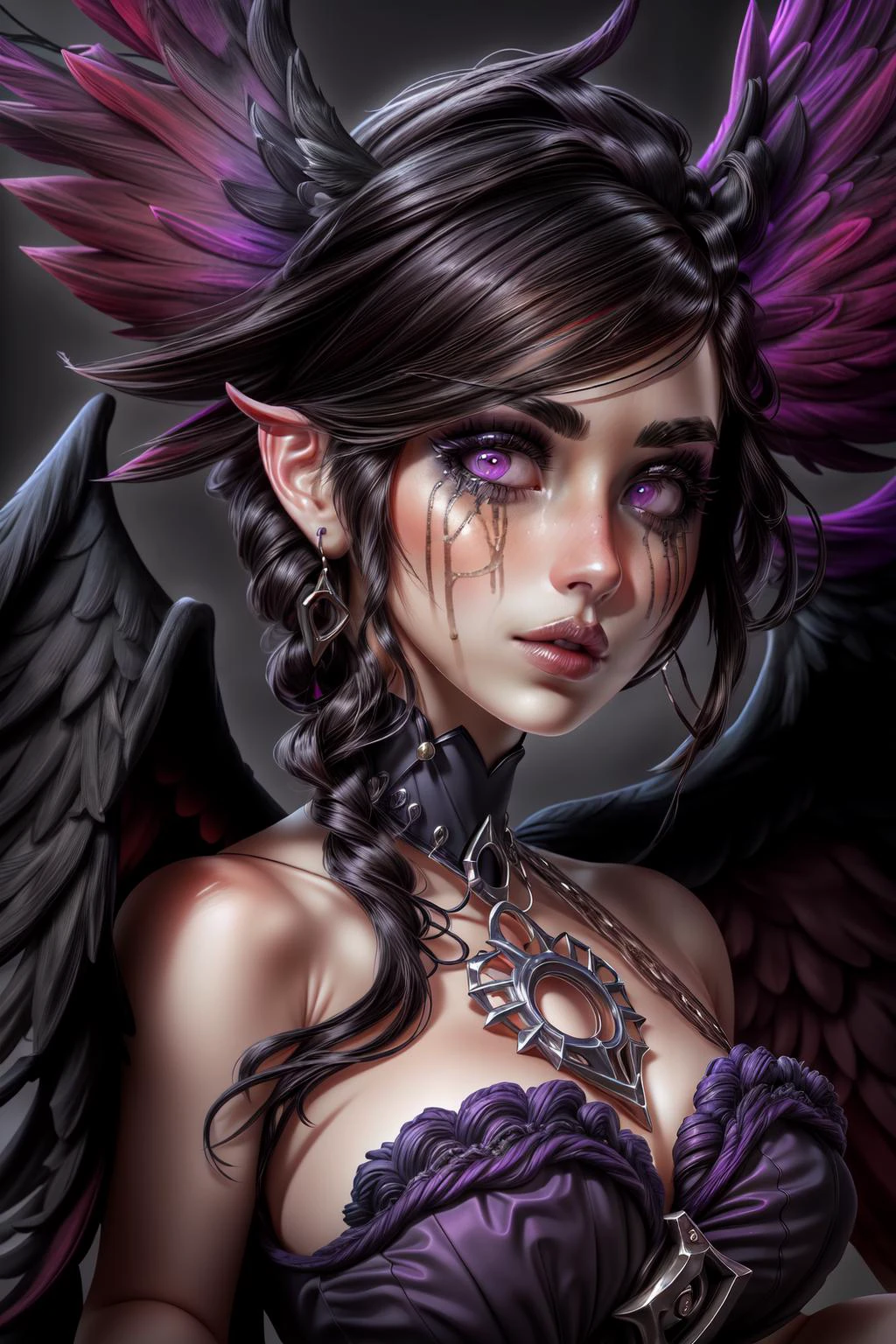(masterpiece, best quality), intricate details, (Best quality)), ((masterpiece)), ((realistic)), (hyperrealism:1.2), (fractal art:1.2),
(1girl), solo, <lora:Morgana:0.8> Morgana_Default, large_breast, eye_makeup, purple_wings,
(perfect face:1.3), extreme detailed eyes, colorful, highest detailed,
vibrant colors, high contrast,, (8K UHD:1.2), (photorealistic:1.2), <lora:RuinedMakeup_v0.1:0.8> <lora:Elixir:0.4> <lora:more_details:0.4>