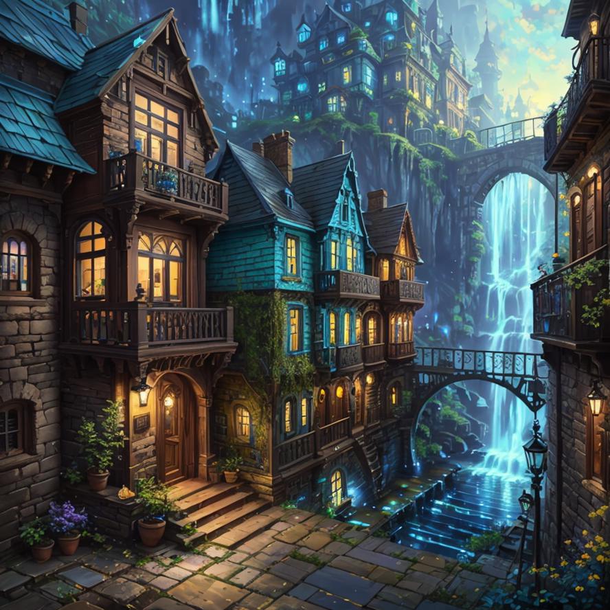 A painting of a fantasy city with a waterfall and a bridge - SeaArt AI